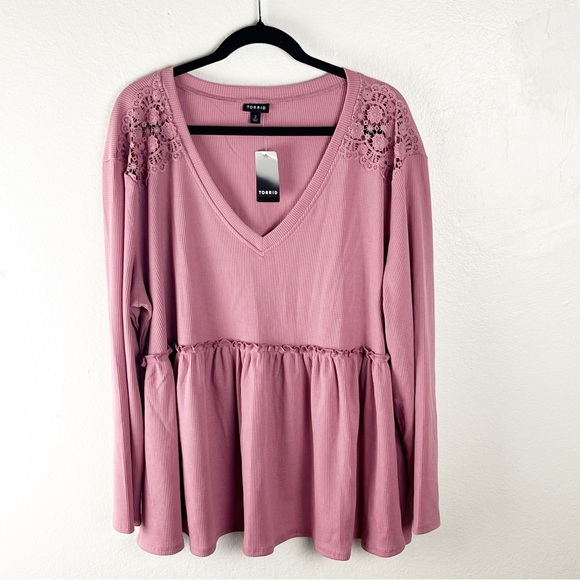 TORRID Pink Knit V-Neck Lace Inset Long Sleeves Babydoll Top, Size 2X - Picture 1 of 11